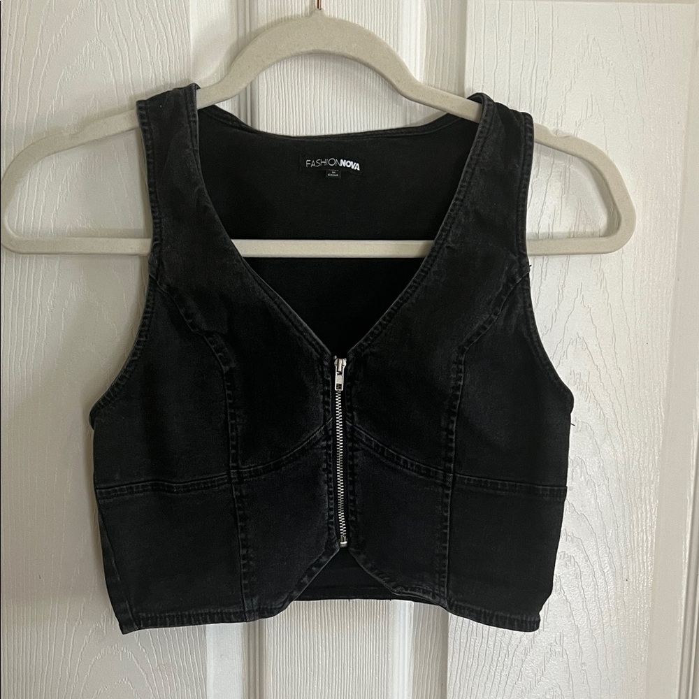 Fashion Nova Black Denim Zip Vest